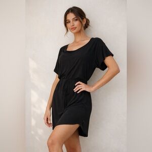 Black Dress Tie Waist Short Sleeve Dress Flowy Casual Chic Mini Midi Scoop Neck
